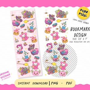 Fantasy Bookish Cat Halloween Bookmark PNG | Cute Witch Cat Reading Clipart | Spooky Bookworm Printable | Witchy Cat Reader Bookmark Design