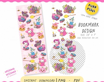 Witch Cat Halloween Bookmark PNG: Spooky Bookworm UV DTF Sublimation Printable Design (Digital Download)