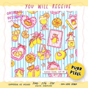 Hand-drawn seamless pattern featuring yellow lemons with pink bow frames over whimsical stripes.