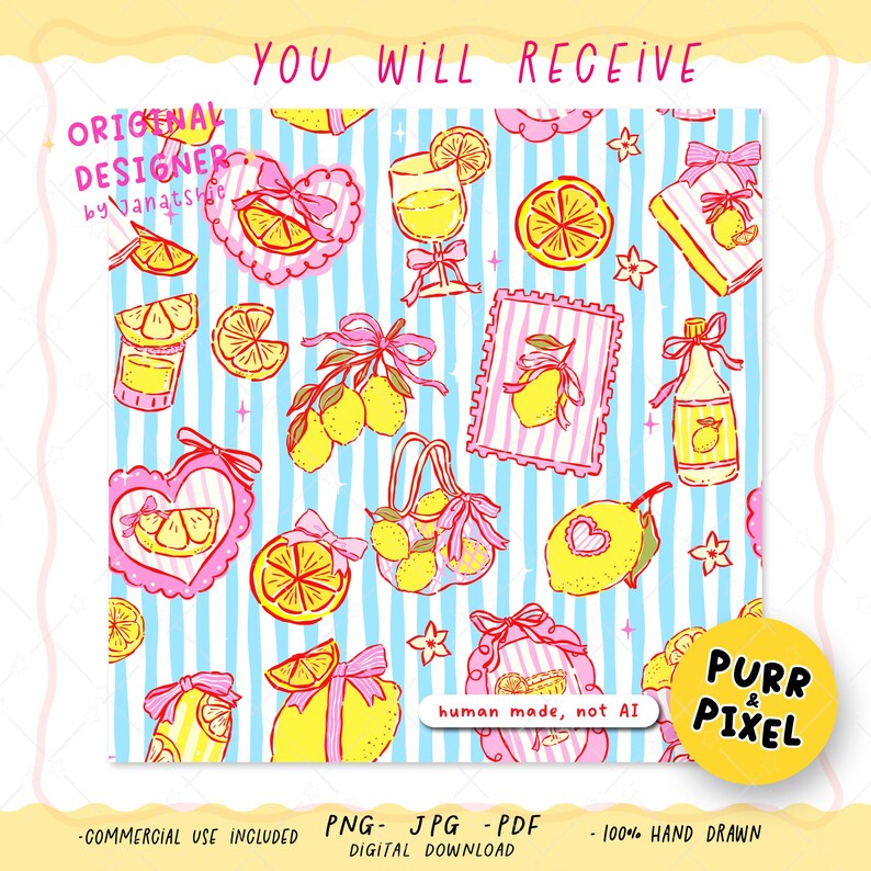 Hand-drawn seamless pattern featuring yellow lemons with pink bow frames over whimsical stripes.