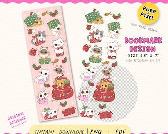 May include: A pink bookmark design featuring cartoon cats in festive outfits, gifts, and holiday decorations. The bookmark is 6.35 cm wide and 17.78 cm long. Text on the bookmark includes "Bookmark Design" and "Instant Download | PNG - PDF".