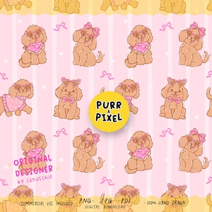 Puede incluir: Patrón repetido de perros de dibujos animados con gafas de sol, lazos rosas y pañuelos. El fondo es rosa con rayas verticales y pequeños lazos rosas. El texto "PURR & PIXEL" está en un círculo amarillo. El texto adicional incluye "ORIGINAL DESIGNER by Janatshie".
