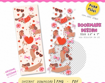 Segnalibro bassotto di San Valentino in formato PNG: regalo per amanti dei cani, stampabile con pellicola UV DTF (download digitale)