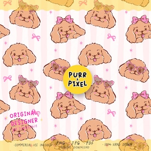 May include: A repeating pattern of cartoon dogs, each with sunglasses and bows. The dogs are light brown with pink bows and heart-shaped sunglasses. The background includes pink bows and stars. The text "PURR & PIXEL" is in a yellow circle.