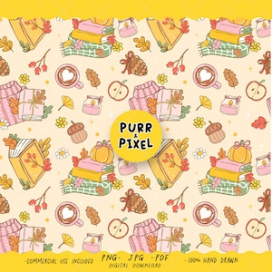 Peut inclure: Un motif répétitif avec des illustrations sur le thème de l'automne. Le design comprend des piles de livres, des citrouilles, des pulls, des tasses à café, des bougies, des pommes et des feuilles. Le texte "PURR & PIXEL" est dans un cercle jaune. Les mots "COMMERCIAL USE INCLUDED", "PNG JPG PDF", "DIGITAL DOWNLOAD", et "100% HAND DRAWN" sont également présents.