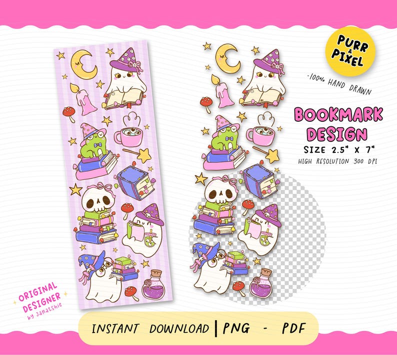 Spooky Cute Witch Ghost Bookmark PNG | Halloween UV DTF Printable Bookmarks Design | Witchy Ghost Reading Clipart | Book Lover Digital Download.

Celebrate spooky season in cozy, bookish style with this Spooky Cute Witch Ghost Bookmark PNG! This digital design features a witchy ghost reading a book, perfect for Halloween lovers, readers, and fantasy fans who crave something adorable yet haunting.
It’s hand-drawn with love and ready to charm any witchy bookshelf or spooky reading nook.