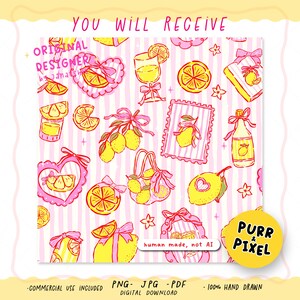 Hand-drawn seamless pattern featuring yellow lemons with pink bow frames over whimsical stripes.