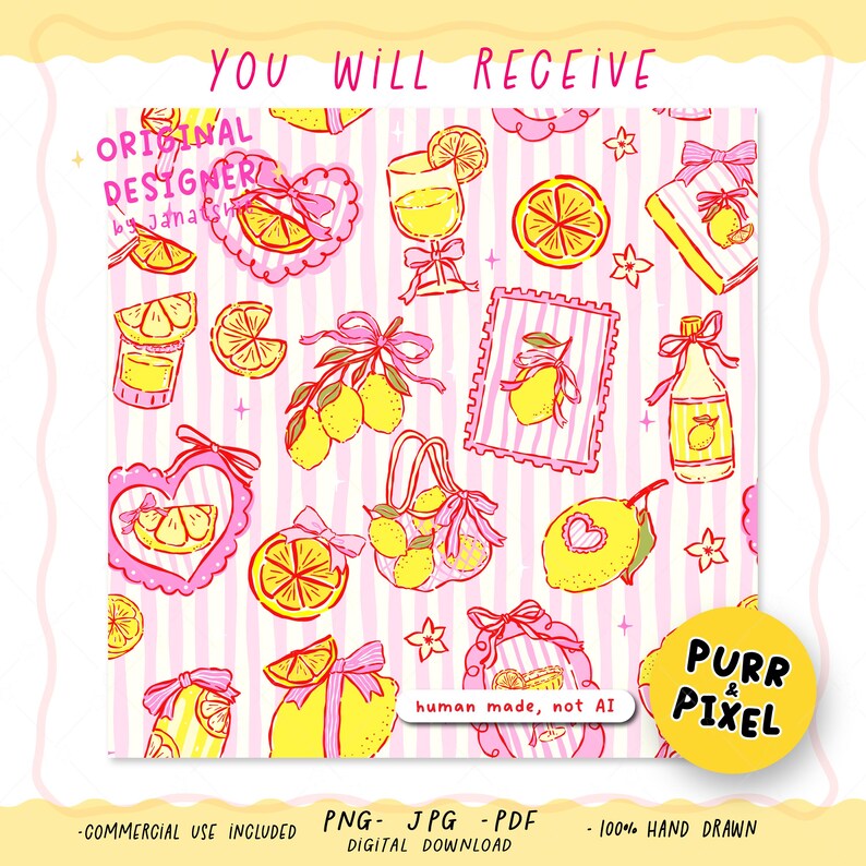 Hand-drawn seamless pattern featuring yellow lemons with pink bow frames over whimsical stripes.
