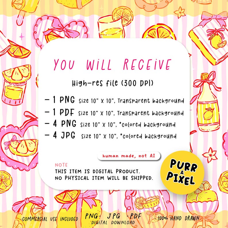 Hand-drawn seamless pattern featuring yellow lemons with pink bow frames over whimsical stripes.