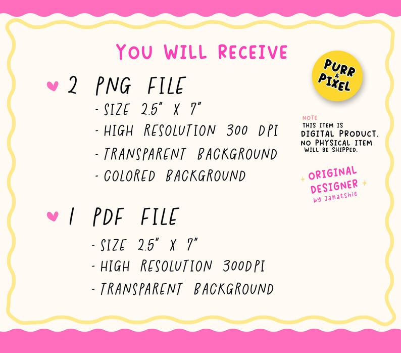 Pu&ograve; includere: Grafica di prodotto digitale con bordo rosa e giallo. Il testo recita "YOU WILL RECEIVE" seguito da dettagli su 2 file PNG e 1 file PDF, ciascuno di 6,35 cm x 17,78 cm. L'immagine include anche il testo "PURR & PIXEL" e "ORIGINAL DESIGNER by Janatshie."
