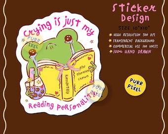 Crying Frog Reading Sticker PNG, Bookish Quote Meme, Funny Book Lover Clipart, Romantasy Reader Frog, Bubble Milk Tea