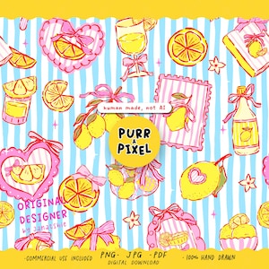 Hand-drawn seamless pattern featuring yellow lemons with pink bow frames over whimsical stripes.