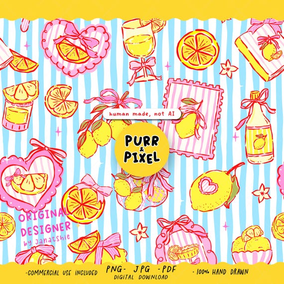 Preppy Pink Bow Yellow Lemon Frame Seamless Pattern, Whimsical Summer Stripes PNG