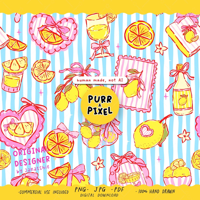 Hand-drawn seamless pattern featuring yellow lemons with pink bow frames over whimsical stripes.