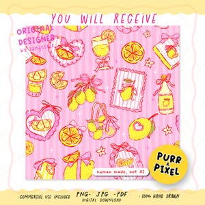 Hand-drawn seamless pattern featuring yellow lemons with pink bow frames over whimsical stripes.