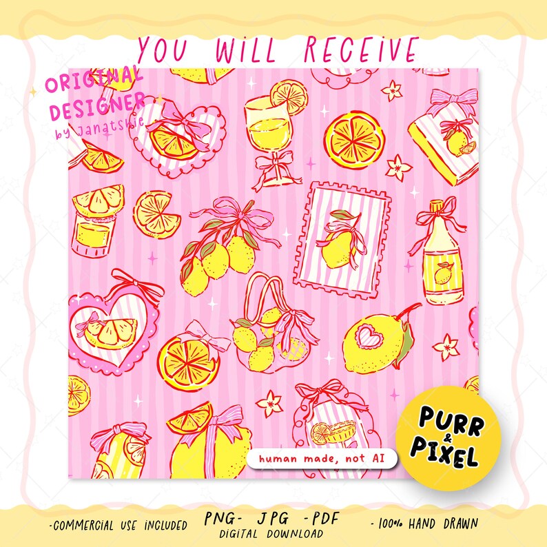 Hand-drawn seamless pattern featuring yellow lemons with pink bow frames over whimsical stripes.