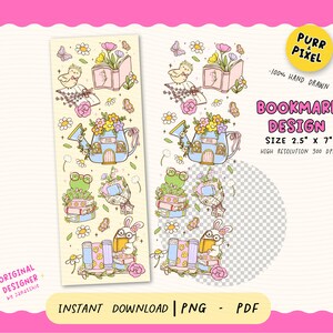 Pode incluir: Um design de marcador de livros caprichoso com uma casa de regador, um sapo com óculos e um coelho a ler. O design inclui flores, livros e borboletas. O marcador de livros mede 6,35 cm por 17,78 cm e é desenhado à mão.