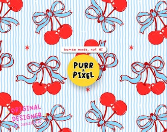 Hand Drawn Blue Ribbon Cherry Pattern - Whimsical Coquette Americana Stripes Seamless Paper PNG