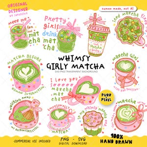 Puede incluir: Una ilustración digital caprichosa con diseños temáticos de matcha. La imagen incluye bebidas de matcha, arte latte y elementos decorativos en tonos verdes, rosas y blancos. El texto incluye "Whimsy Girly Matcha" y "100% Dibujado a mano".
