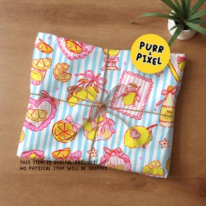 May include: A wrapped package with a blue and white striped pattern, adorned with illustrations of lemons, bows, and hearts. The package is tied with twine and features the text "PURR & PIXEL" and "THIS ITEM IS DIGITAL PRODUCT. NO PHYSICAL ITEM WILL BE SHIPPED."