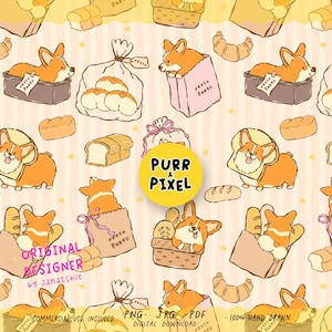 May include: A repeating pattern featuring cartoon corgi dogs with various types of bread, including loaves, croissants, and rolls. The corgis are in baskets and paper bags labeled "Fresh Baked". The background is light yellow with stars.
