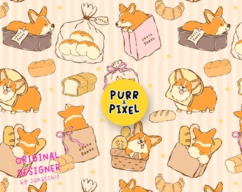 Kawaii Corgi Butt Sploot Bread Loaf Seamless Pattern, Whimsical Dog Loaves Fabric PNG