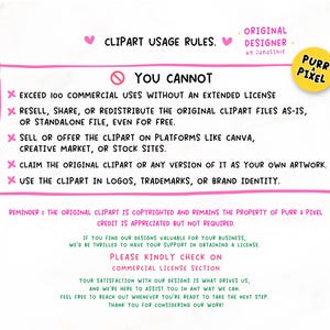 May include: A pink-bordered graphic with the text "CLIPART USAGE RULES." It lists restrictions on commercial use, resale, and claiming the artwork. The image includes the text "ORIGINAL DESIGNER" and a yellow circle with "PURR PIXEL."