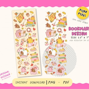 May include: Bookmark design featuring a repeating pattern of books, pumpkins, gifts, and autumn leaves in pastel colors. The text "BOOKMARK DESIGN" and "SIZE 2.5" x 7"" is visible. The design is labeled as "100% HAND DRAWN".