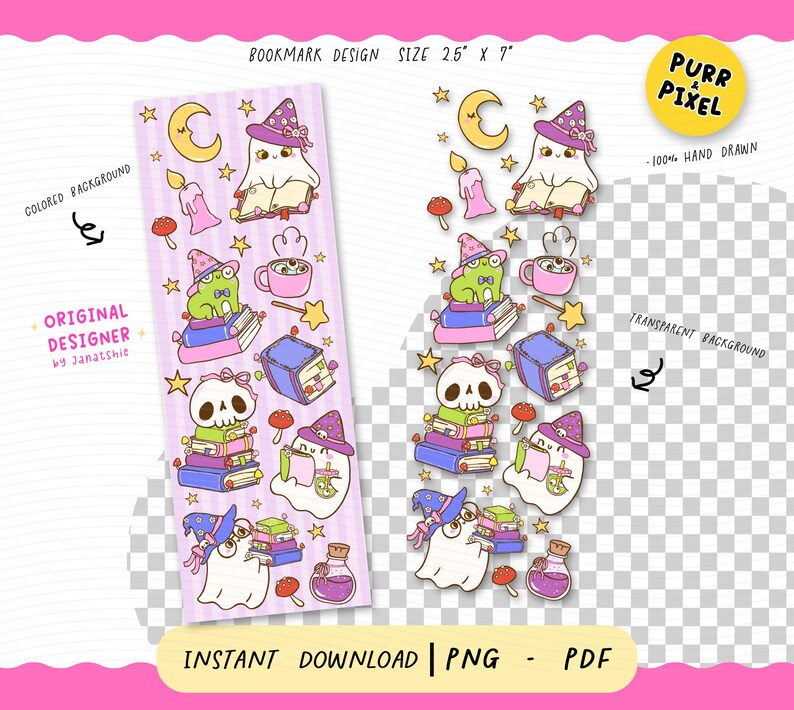 Spooky Cute Witch Ghost Bookmark PNG | Halloween UV DTF Printable Bookmarks Design | Witchy Ghost Reading Clipart | Book Lover Digital Download.

Celebrate spooky season in cozy, bookish style with this Spooky Cute Witch Ghost Bookmark PNG! This digital design features a witchy ghost reading a book, perfect for Halloween lovers, readers, and fantasy fans who crave something adorable yet haunting.
It’s hand-drawn with love and ready to charm any witchy bookshelf or spooky reading nook.