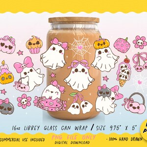 Sweet and Spooky Pink Halloween Ghost Girl Glass Can Wrap PNG, Cute Coquette Ghost Bow Cup Wrap, 16oz Libbey  UV DTF Tumbler Design.

 Bring cute and creepy together with this Sweet and Spooky Pink Halloween Ghost Wrap – the perfect mix of pastel vibes and Halloween charm! Featuring girly ghost sheets, bows, stars, and pumpkins in soft coquette tones, this design adds a flirty fright to your sips.
