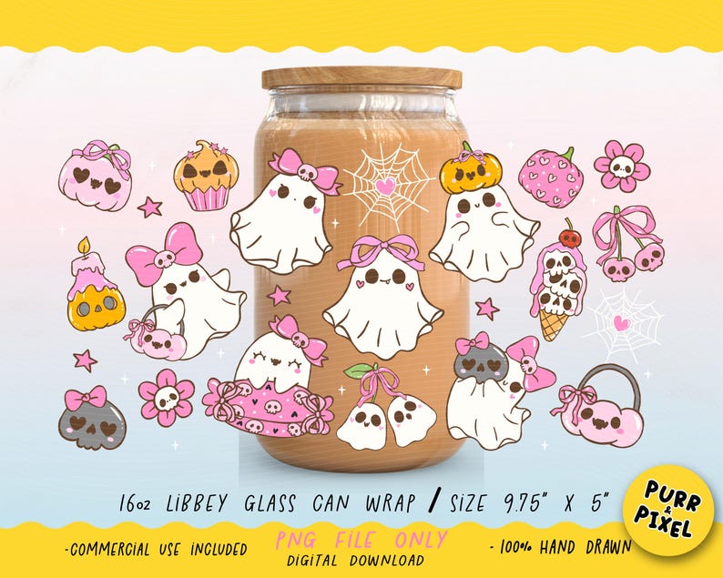 Sweet and Spooky Pink Halloween Ghost Girl Glass Can Wrap PNG, Cute Coquette Ghost Bow Cup Wrap, 16oz Libbey  UV DTF Tumbler Design.

 Bring cute and creepy together with this Sweet and Spooky Pink Halloween Ghost Wrap – the perfect mix of pastel vibes and Halloween charm! Featuring girly ghost sheets, bows, stars, and pumpkins in soft coquette tones, this design adds a flirty fright to your sips.