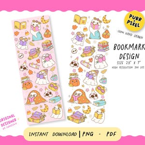 May include: A pink bookmark design with a repeating pattern of ghosts reading books, pumpkins, and autumn leaves. The bookmark is approximately 6.35 cm wide and 17.78 cm long. The design includes the text "BOOKMARK DESIGN" and "INSTANT DOWNLOAD | PNG - PDF".