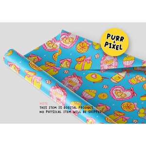 May include: A roll of blue wrapping paper with a repeating pattern of lemons, bows, and hearts. The text "PURR & PIXEL" is on a yellow circle. The text "NOTE THIS ITEM IS DIGITAL PRODUCT. NO PHYSICAL ITEM WILL BE SHIPPED" is also visible.