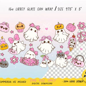 May include: A digital download featuring a collection of Halloween-themed illustrations. Includes ghosts with pink bows, pumpkins, skulls, flowers, and cherries. The text reads "16oz Libbey Glass Can Wrap / Size 9.75" x 5"" and "PNG File Only".