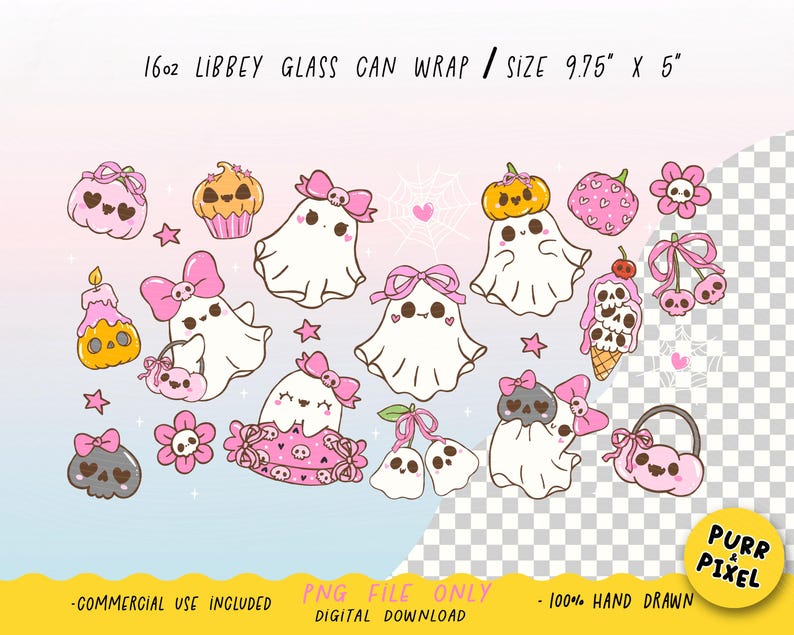 May include: A digital download featuring a collection of Halloween-themed illustrations. Includes ghosts with pink bows, pumpkins, skulls, flowers, and cherries. The text reads "16oz Libbey Glass Can Wrap / Size 9.75" x 5"" and "PNG File Only".