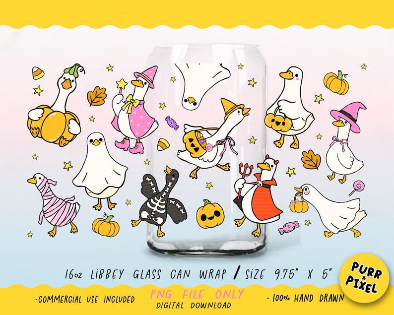 Spooky Silly Goose Glass Can Wrap PNG | UV DTF Printable Halloween Cup Wrap | Cute Goose Cartoon Sublimation for 16oz Libbey,

This Spooky Silly Goose glass can wrap is the chaotic Halloween energy your 16oz Libbey glass didn’t know it needed. Featuring a hand-drawn ghost-sheet goose with sassy attitude and spooky charm, this UV DTF printable wrap is perfect for trendy iced coffee cups and sublimation projects.

Designed for cute weirdos, bookish ghouls, and silly goose energy lovers everywhere.