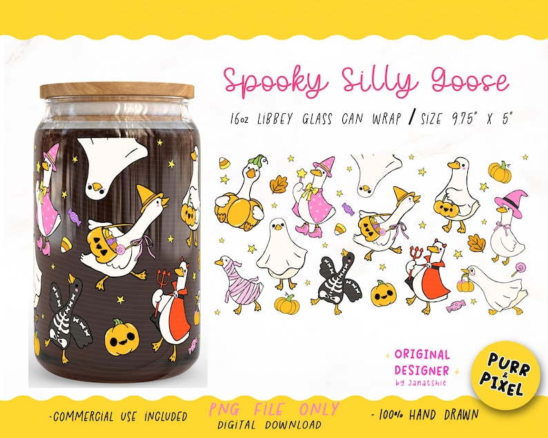 Spooky Silly Goose Glass Can Wrap PNG | UV DTF Printable Halloween Cup Wrap | Cute Goose Cartoon Sublimation for 16oz Libbey,

This Spooky Silly Goose glass can wrap is the chaotic Halloween energy your 16oz Libbey glass didn’t know it needed. Featuring a hand-drawn ghost-sheet goose with sassy attitude and spooky charm, this UV DTF printable wrap is perfect for trendy iced coffee cups and sublimation projects.

Designed for cute weirdos, bookish ghouls, and silly goose energy lovers everywhere.