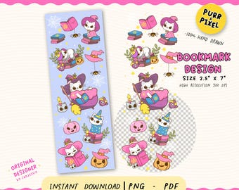 Witch Cat Halloween Bookmark PNG : Spooky Book Lover Gift  UV DTF Printable