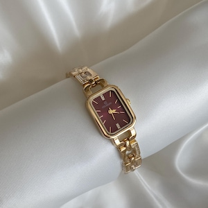 Minimal Rectangle Gold Women Watch, Elegant Burgundy Dail Quartz Watch, Vintage Style Gold  Watch, Classic Retro Wristwatch, Gift for Her