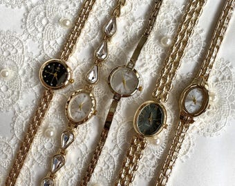 Vintage Style Gold Women’s Watch, Crystal Bracelet Watches, Black, Green & White Dial Retro Wristwatch, Watch Gift Ideas