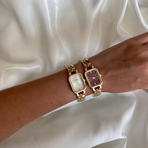 Minimal Rectangle Gold Women Watch, Elegant Cherry Quartz Watch, Vintage Style Gold Bracelet Watch, Classic Retro Wristwatch, Gift for Her