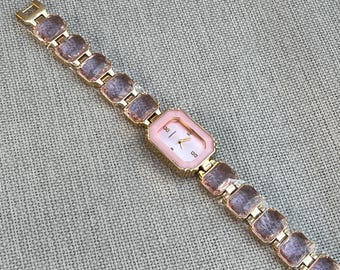 Pink Stone Women's Watch, Elegant Pink Dial Watch, Gold Quartz Ladies Wristwatch, Vintage Inspired Ladies Watch, Birthday Trend Watch