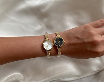 Gold Tone Dainty Watch, Vintage Stainless Steel Bracelet, Elegant Jewelry