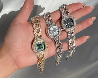 Luxury Iced Out Women’s Watch, Gold & Silver Chain Bracelet Watch, Diamond Rhinestone Bling Wristwatch