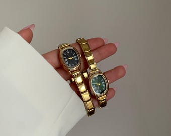 Gold Italian Charm Bracelet Watch, Vintage Modular Watch, Stainless Steel Wristwatch with Roman Numerals