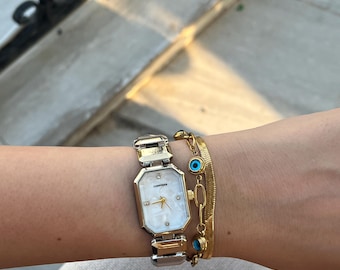 Vintage Gold Women’s Watch, Rectangular Bracelet Wristwatch, Two Tone Band Watch Timepiece, Rectangle Dial Watches for Ladies Gift for Her