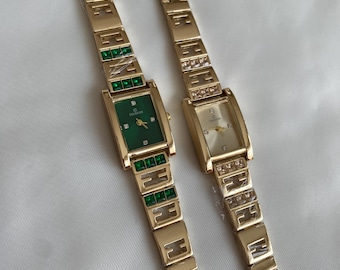 Elegant Green Dial Women’s Watch, Rectangular Quartz Wristwatch with Crystal Details, Modern Gold Women Bracelet Watch Gift for Her