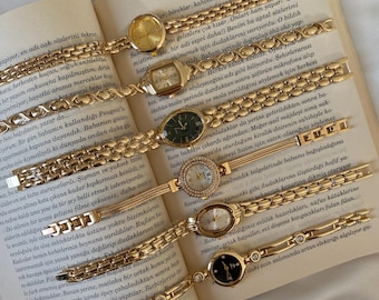Gold Tone Ladies Watch, Dainty Vintage Women’s Watch, Classic Jewelry, Elegant Stainless Steel Bracelet Watch, Retro Small Round Dial Watch