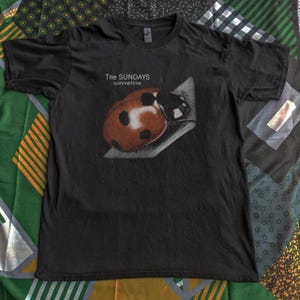 Könnte beinhalten: Schwarzes T-Shirt mit einem Marienkäfer-Motiv und dem Text "The Sundays summertime". Der Marienkäfer ist braun mit schwarzen Punkten und liegt auf einer grauen Oberfläche. Das T-Shirt hat einen Rundhalsausschnitt.
