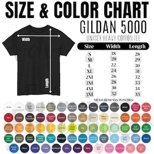 Puede incluir: Una camiseta negra con una tabla de tallas y colores para la camiseta unisex de algod&oacute;n grueso Gildan 5000. La tabla muestra las medidas de ancho y largo en pulgadas para las tallas S a 5XL, junto a una cuadr&iacute;cula de muestras de color circulares.